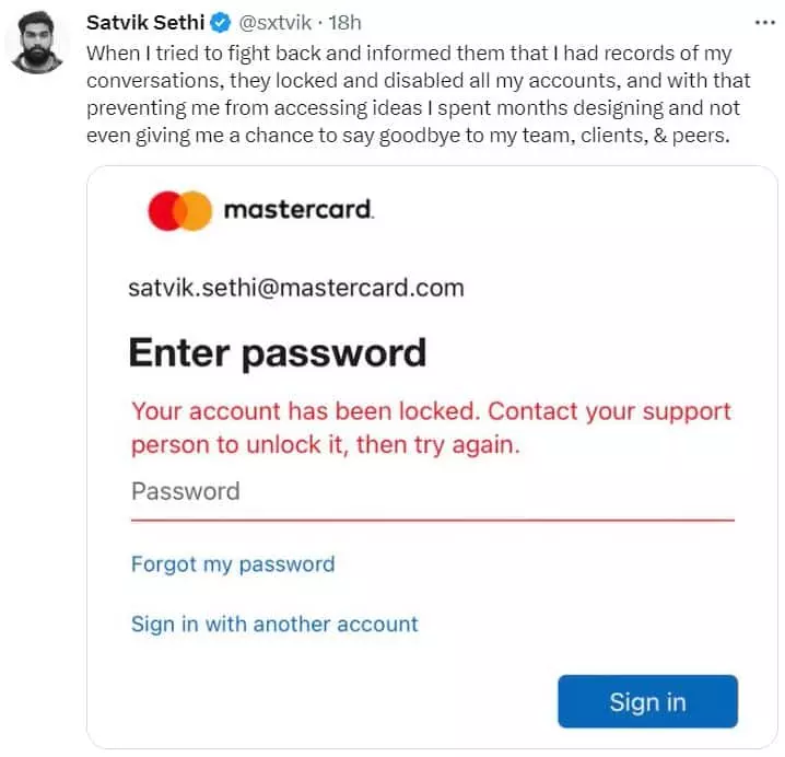 screenshot of a Mastercard-related message by Satvik Sethi