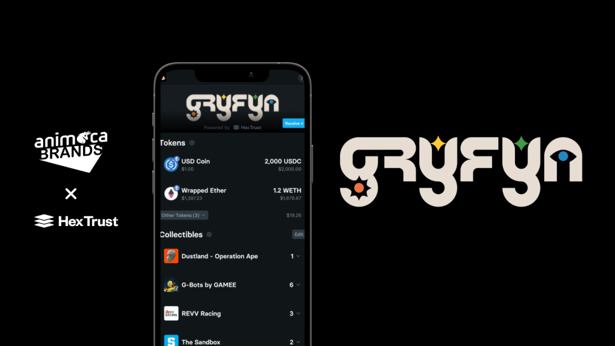 the animoca brands and hex trust logos alongside a screenshot of the GryFyn crypto wallet app and logo on a black background.