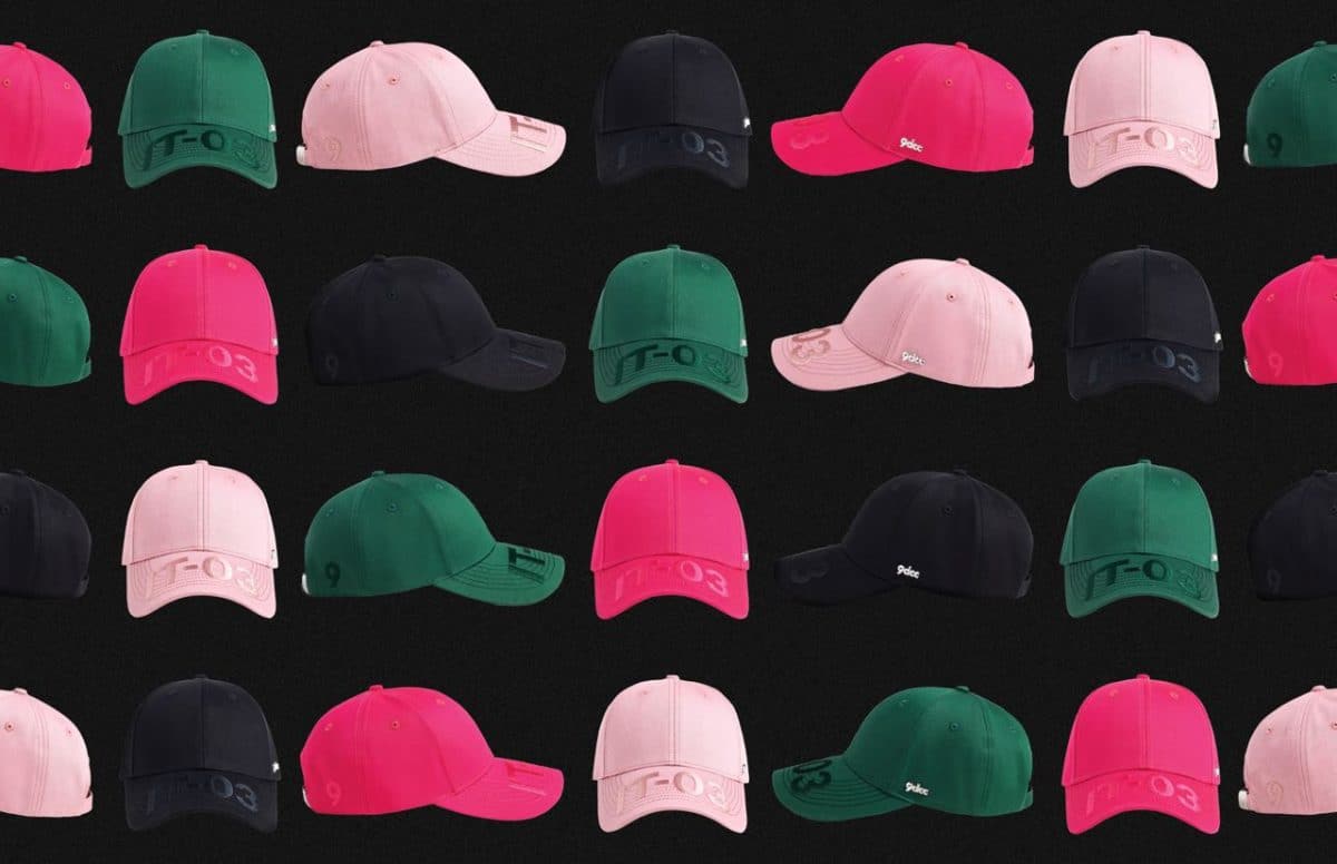 a picture of gmoney's NFT brand 9dcc's iteration 03 headwear lineup featuring caps of different colors.
