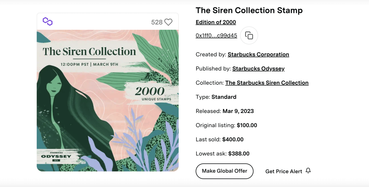 A caption of the Siren Collection Stamp by Starbucks Odyssey on Nifty Gateway.
