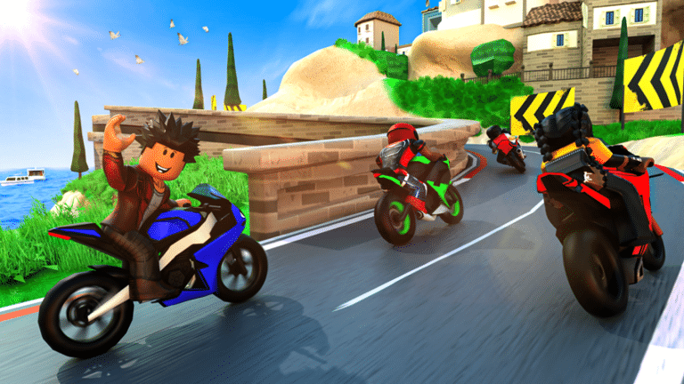 Image of four lego motorcyclists on moto island, one waving is hand at the screen
