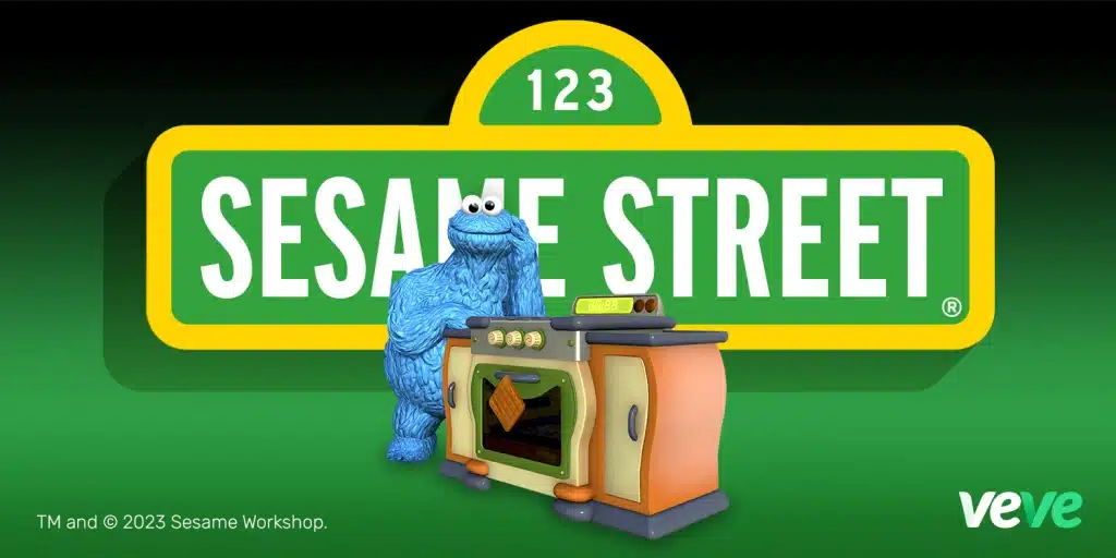 logo of iconic childrens TV show Sesame street with the Cookie Monster character in the foreground, being its first NFT collection.