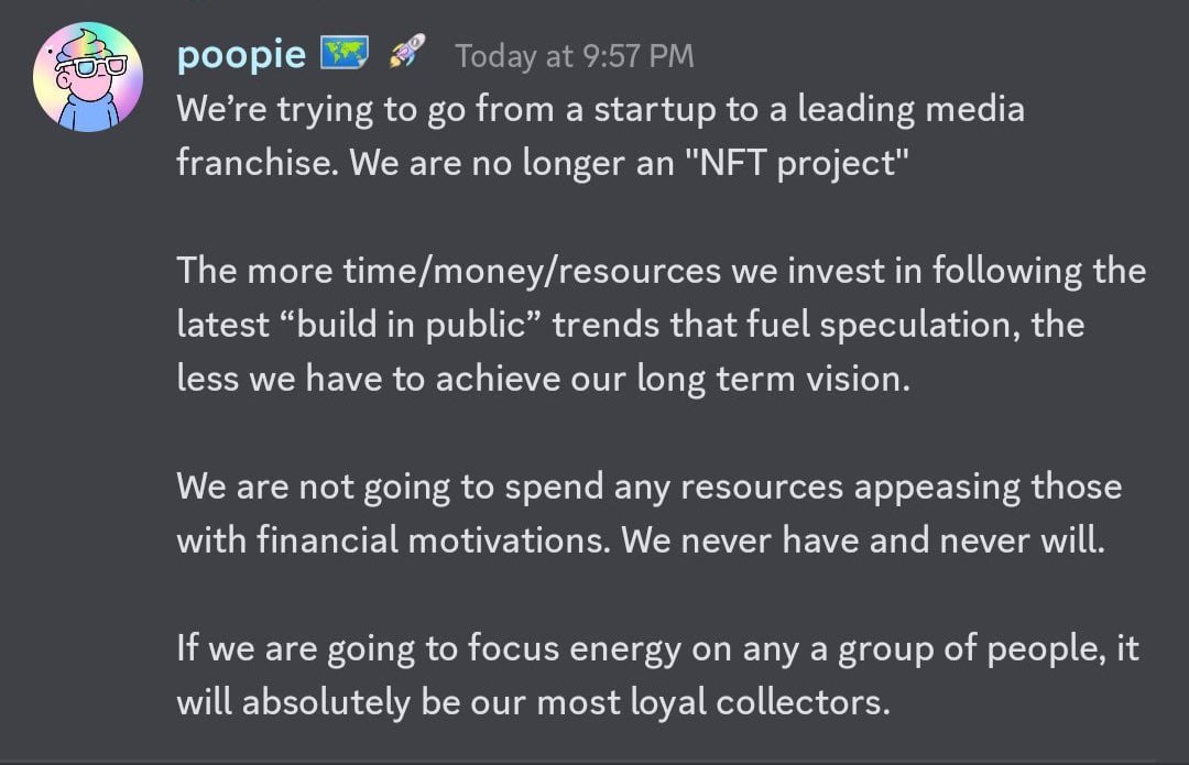 Discord message from Poopie saying Doodles is no longer an NFT project