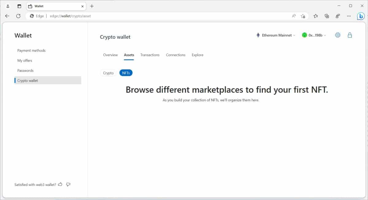 Screenshot leaked onto Twitter showing a built-in wallet on Edge for crypto and NFTs