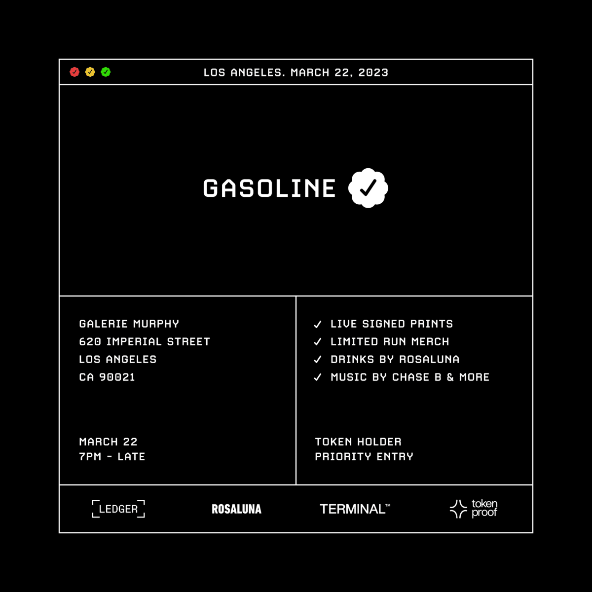 The invitation for the Gasoline Party in LA powered by Ledger.