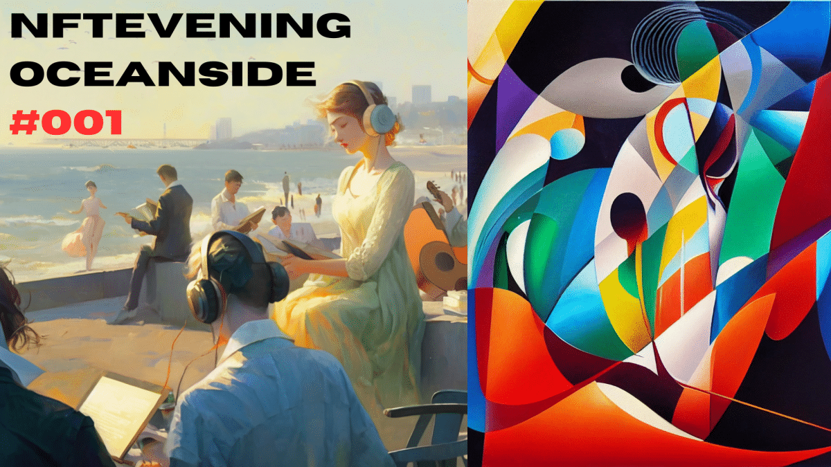 a woman listening to music on headphones near the beach. this is the cover image for NFTEvening Oceanside, a web3 music journal.