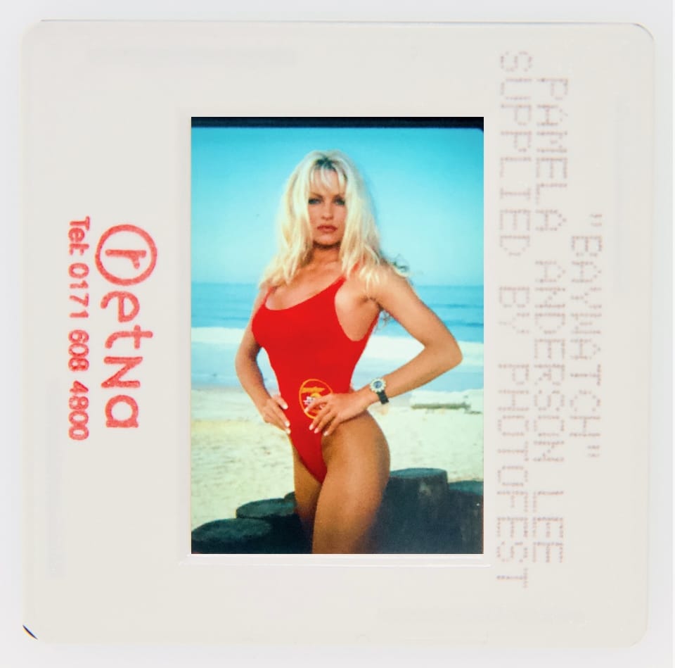 Image from OneOf showing Pamela Anderson on the set of Baywatch