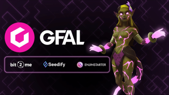 image of a green female looking video game creature with purple light cracking through skin, text says GFAL and lists platforms its live on, to signify Trip Hawkins venture going live
