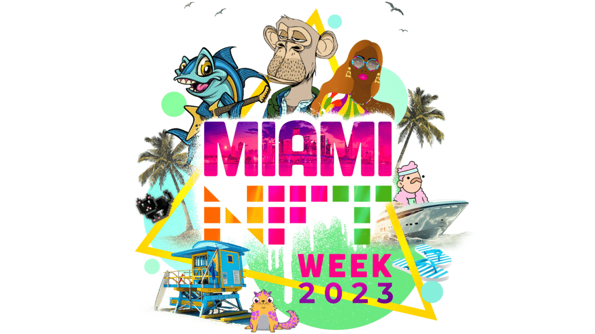 the logo of the Miami NFT Week 2023, with different NFT art surrounding it