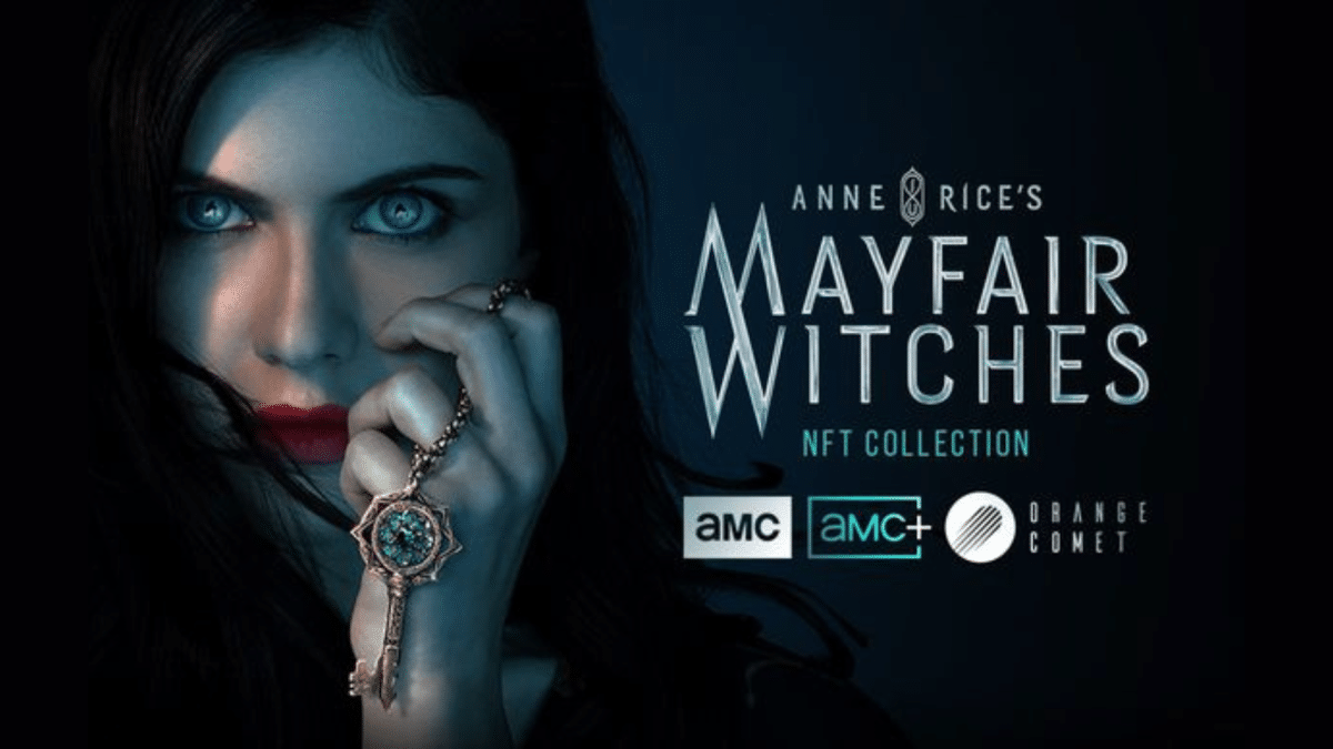 a picture of a woman beside the AMC, Orange Comet and "Mayfair Witches" NFT Collection Logos
