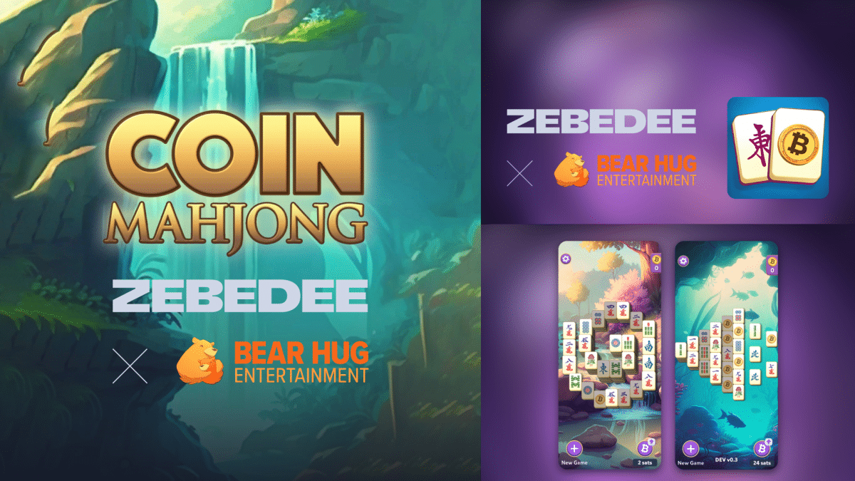 Los logotipos y capturas de pantalla del juego Coin Mahjong de Zebedee y Bear Hug Entertainment que ofrece Bitcoin Rewards a sus jugadores.