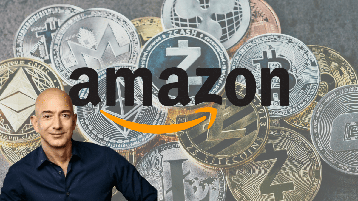 a picture of the Amazon logo in the foreground of Digital tokens like Bitcoin, Ethereum and more, suggesting that the brand plans to enter the NFT space soon. Superimposed on this image is CEO Jeff Bezos.