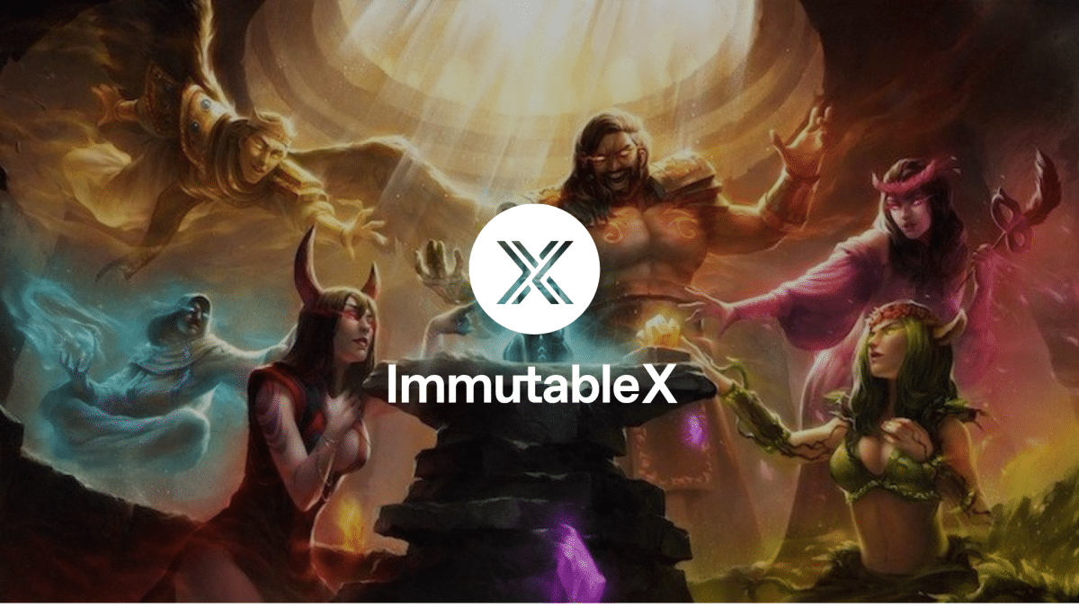 a Gods Unchained poster with the Immutable X logo in the forefront