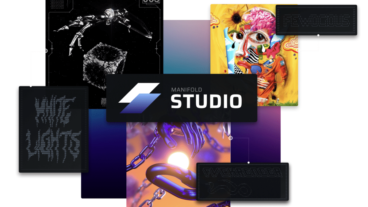 a logo of manifold studio surrounded by some artworks from the projects it has launched.