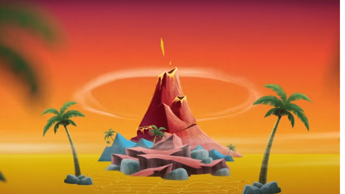 image of cartoon volcano, bright oranges and reds, for veefriends