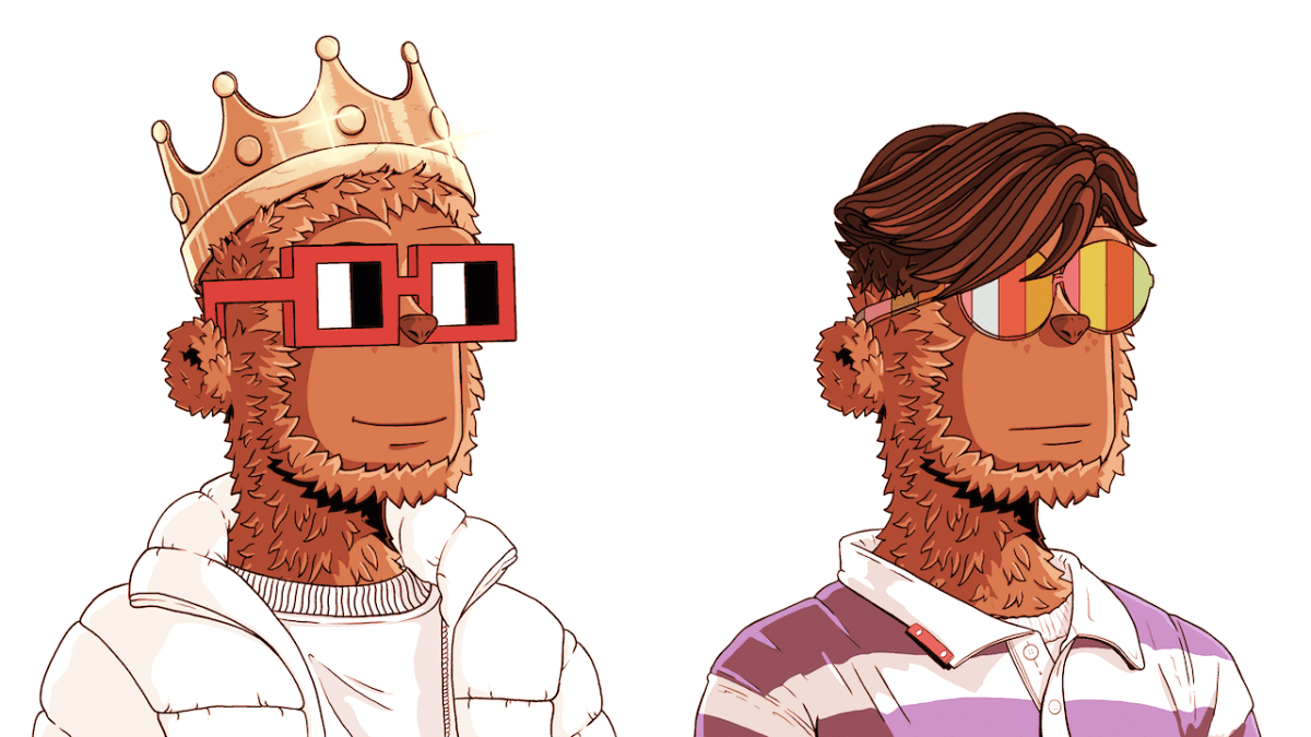 Two y00ts stand side by side to support the Y00ts polygon migration.  Y00ts on the left is brown with a white shirt and white jacket.  They wear red noun glasses and a crown.  y00t on the right is also brown with a purple and white polo shirt.  They wear multicolored glasses with cropped brown hair.