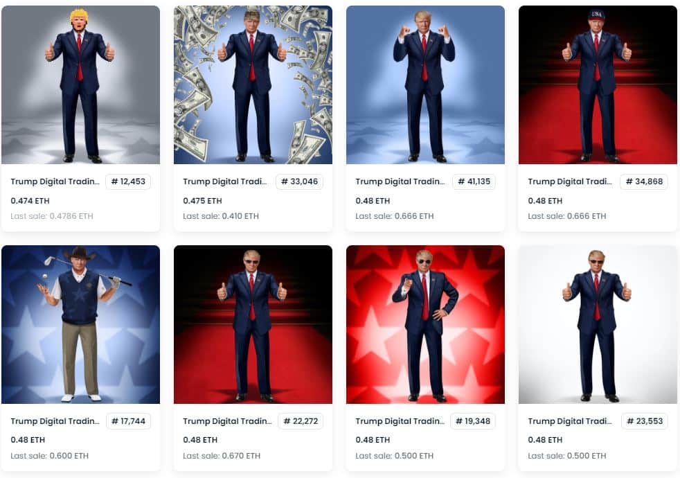 OpenSea listings for Trump Digital Trading Cards NFT collection