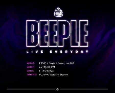 A Proof Beeple event is announced with white text against a blue and black background. There is purple text providing the details of the event.