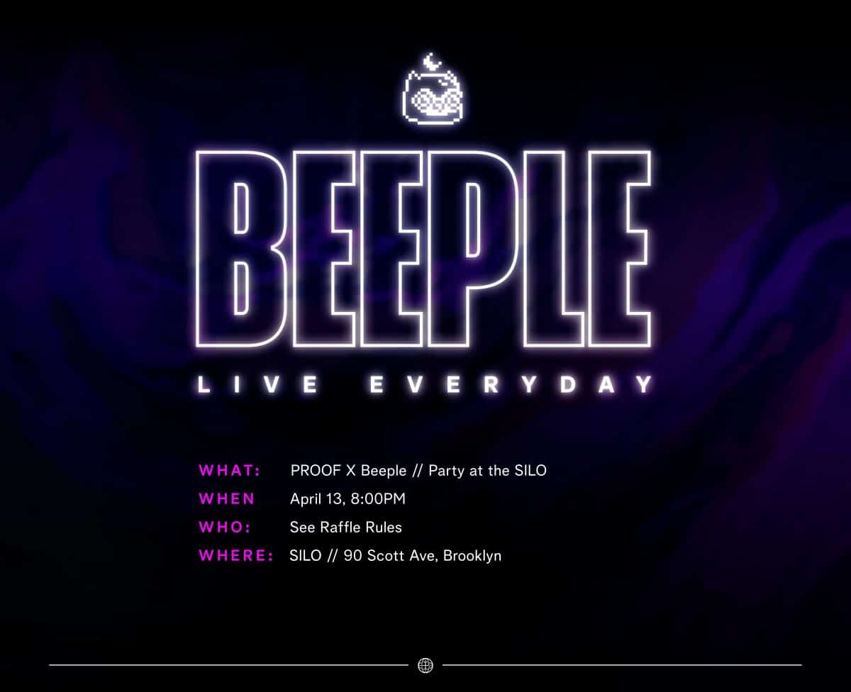 A Proof Beeple event is announced with white text against a blue and black background. There is purple text providing the details of the event.