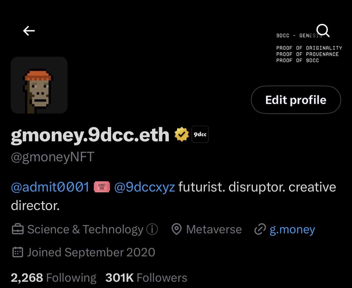 a screenshot of gmoney's twitter with the golden business checkmark