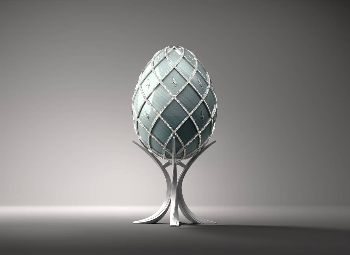 a light blue bugatti NFT egg with diamond lattice on top
