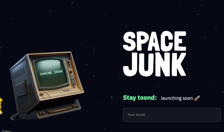 image of a computer floating in space with the words 'space junk' in the background for the new toonstar series