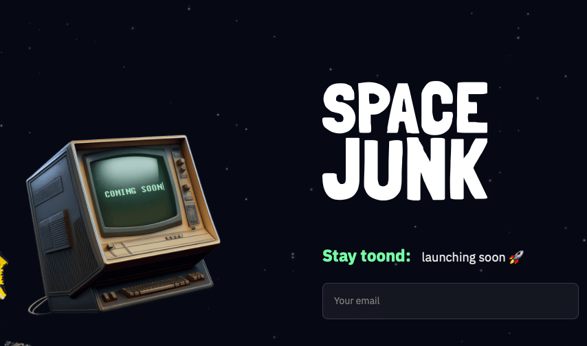 toonstar  image of a computer floating in space with the words 'space junk' in the background for the new toonstar series