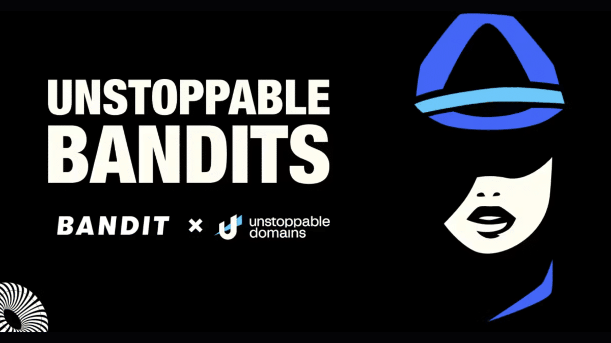 logos of Bandit and Unstoppable Domains superimposed over the text "Unstoppable Bandits" to signify the collaboration.