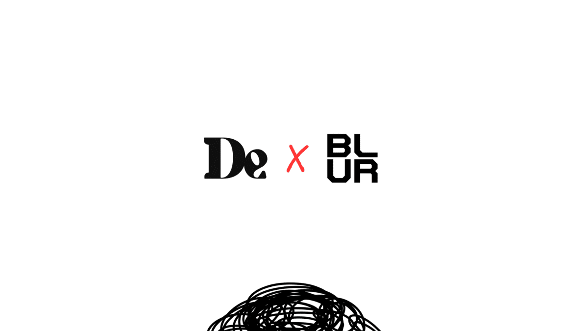 image of a black squiggle (top of someone's head with head) and above reads De x BLUR , to signify the ETH Degods blur partnership