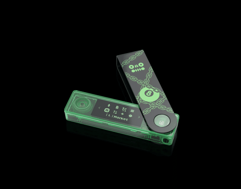 image of a ledger crypto wallet with green design by deadfellaz