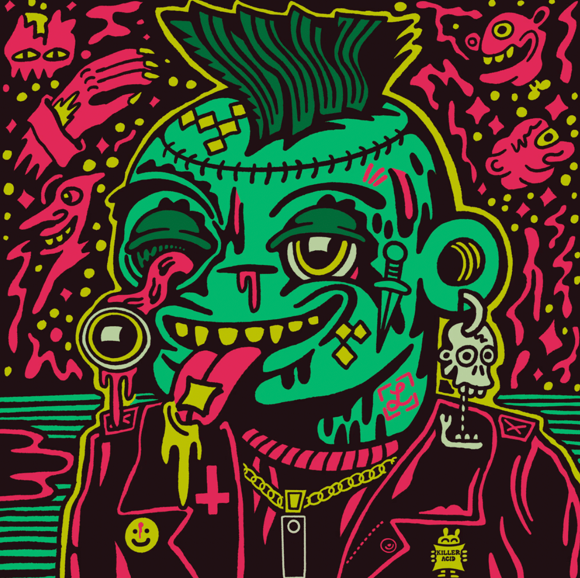 a graphic image using neon colours of a zombie style character, green screen, green mohawk, pink leather jacket. Killer Acid x Deadfellaz