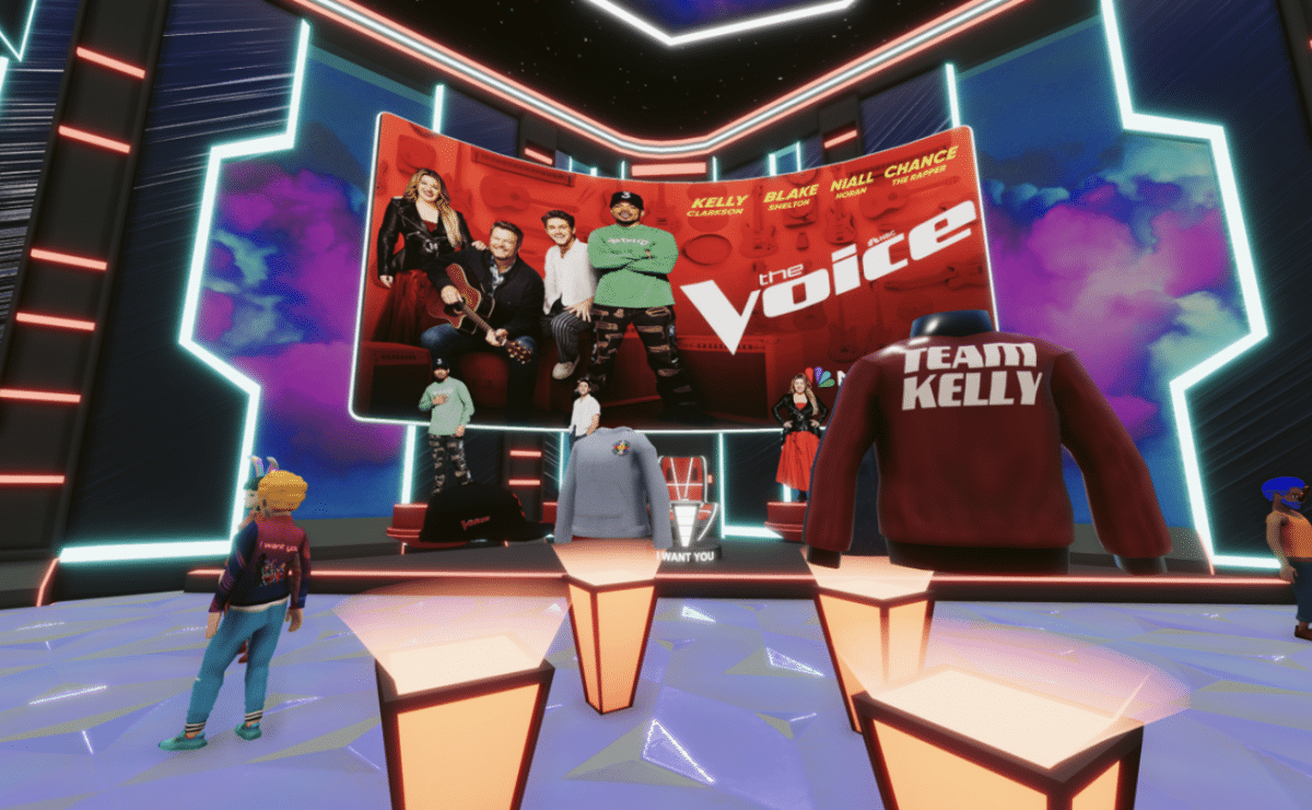 A screenshot of "The Voice" experience in Decentraland. 
