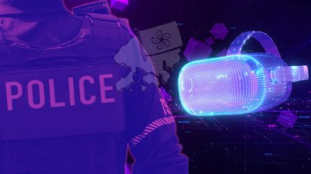 purple tone image of police figure walking through a virtual world
