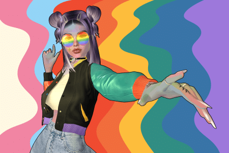 Not Your Bro female avatar dancing with a rainbow background