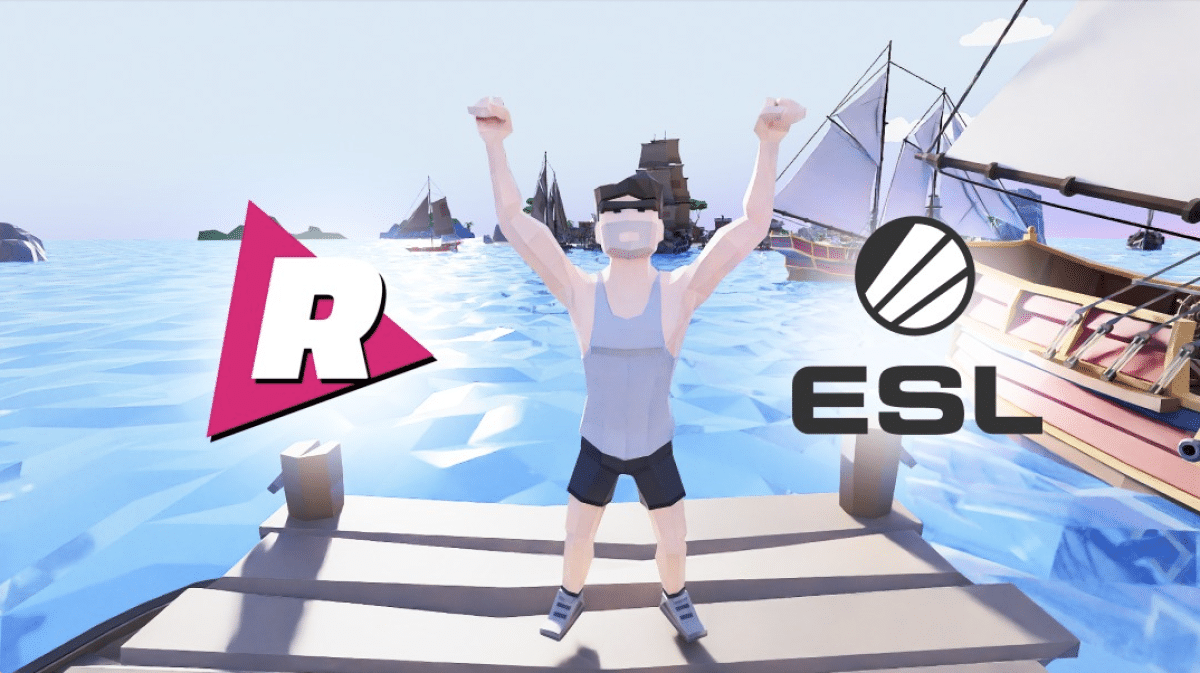 an avatar man in running gear standing on a dock near the water, arms in the air, with the logos of runiverse and ESL esports either side