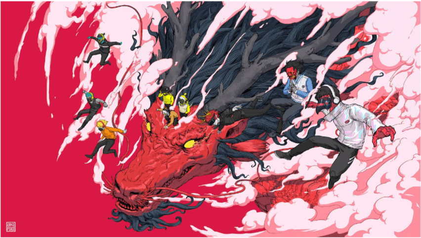 a picture of a large dragon and characters from the on1 force collection