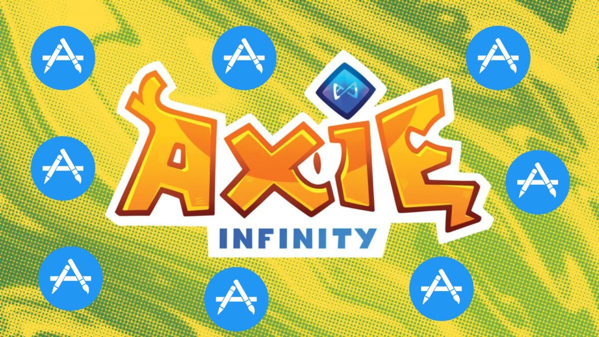 popular NFT game Axie Infinity logo with the Apple app store logos around it.