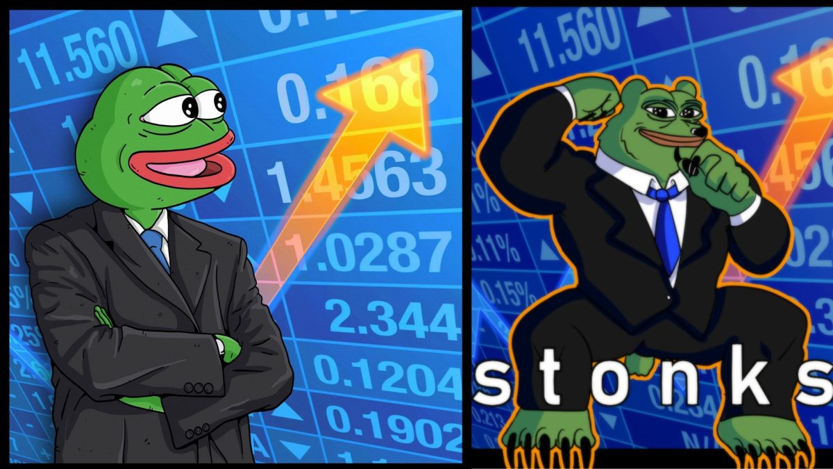 Two pepe memes in front of a stock chart going upwards, implying the rise of NFT sales