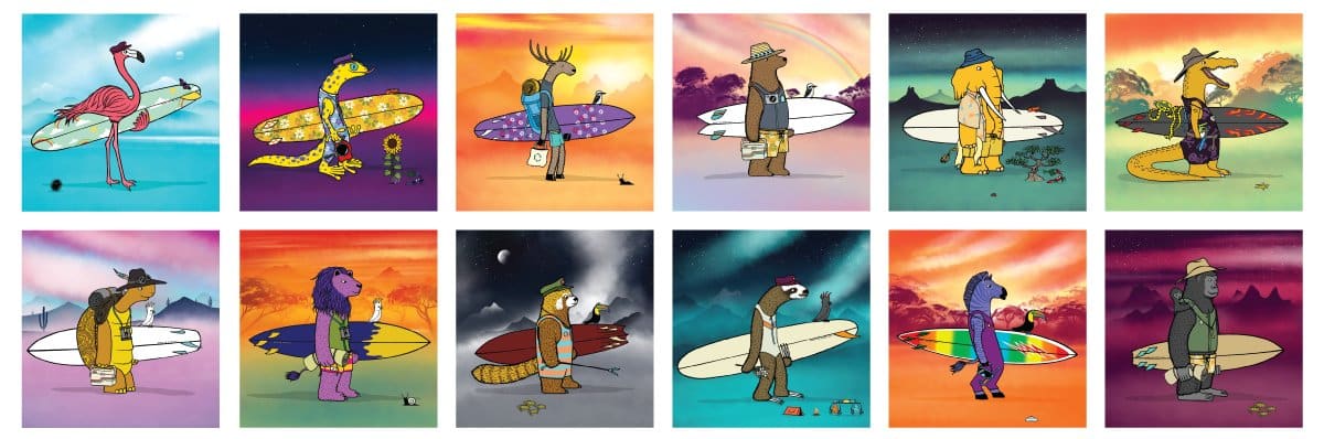collage de muchos surfistas de safari coloridos diferentes nfts