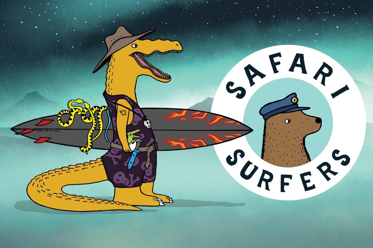 image of a yellow alligator holding a surfboard with a logo that says 'safari surfers'