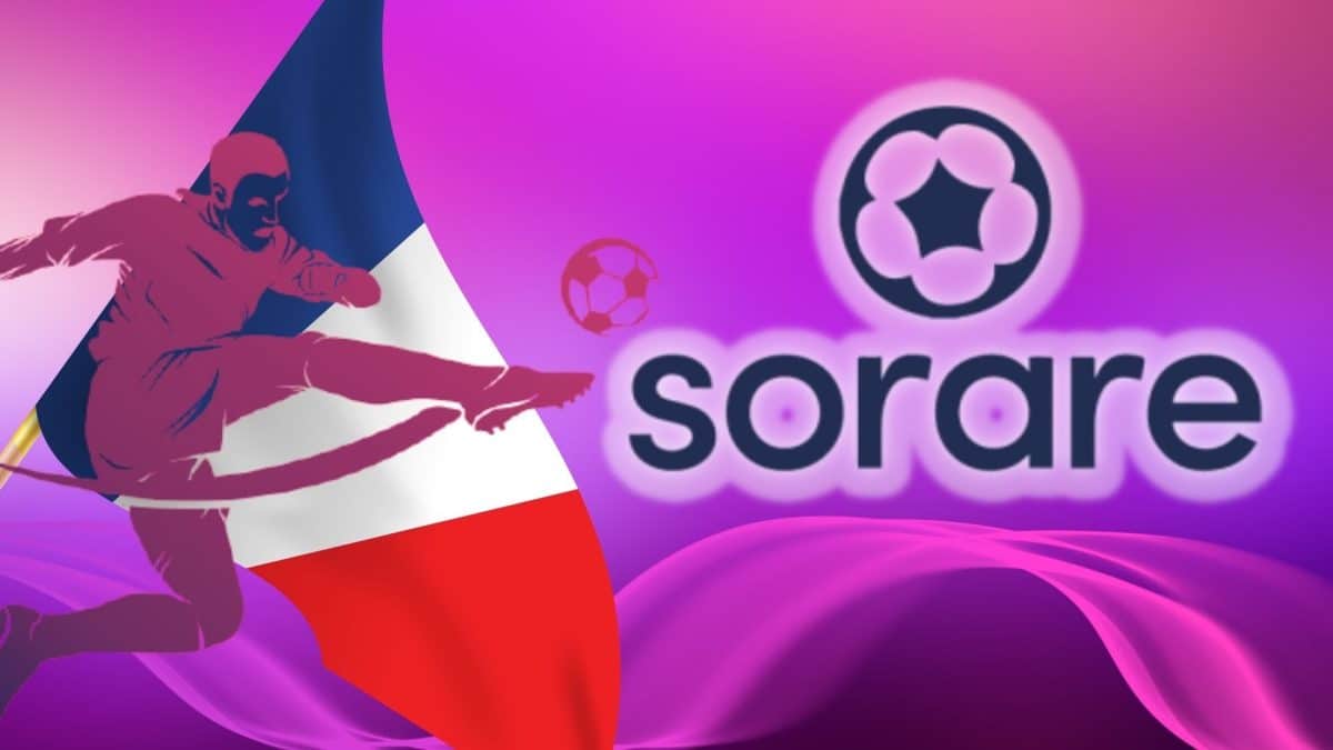 Image of SoRare logo with football player silhouette and French flag on pink background