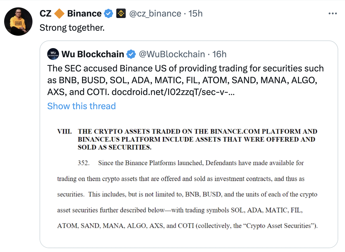 Binance Founder Takes to Twitter Amidst SEC allegations