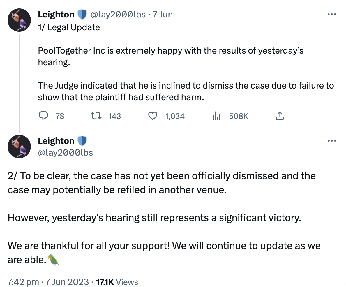 Victory on Twitter: PoolTogether Celebrates Judge's Inclination to Dismiss DeFi Lawsuit