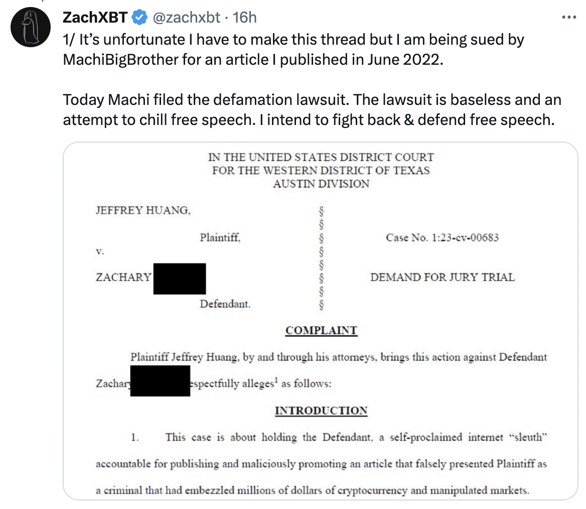 Crypto Detective ZachXBT Vows to Defend Free Speech Amid MachiBigBrother’s Lawsuit