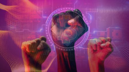 three fists raised against a purple background with bitcoin logo for the stand strong with crypto campaign
