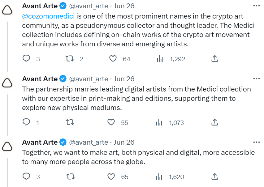 screenshot of a twitter announcement by avant arte