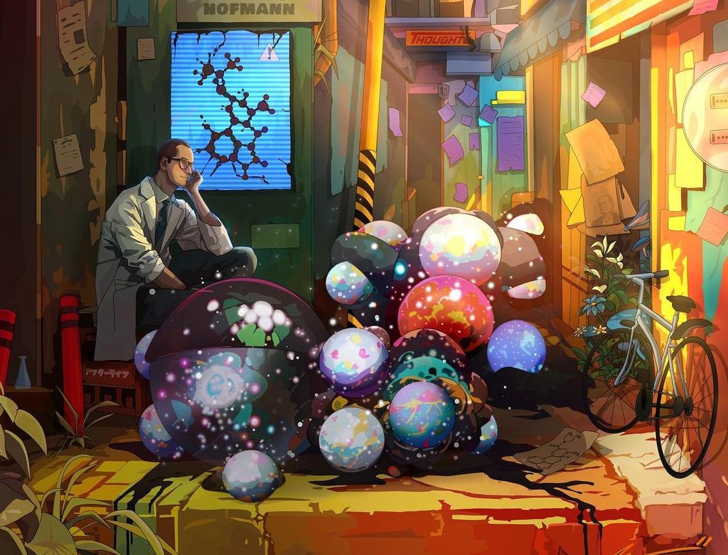 image of a psychedelic-inspired digital artwork of a scientist sitting alongside magical planets