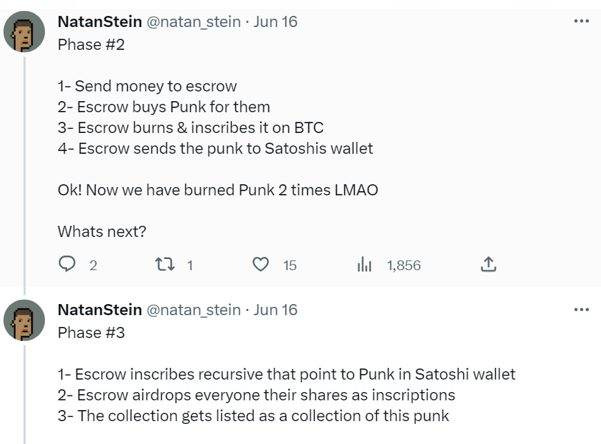 screenshot of a Twitter message from Bitcoin Bandits founder Nathan Stein