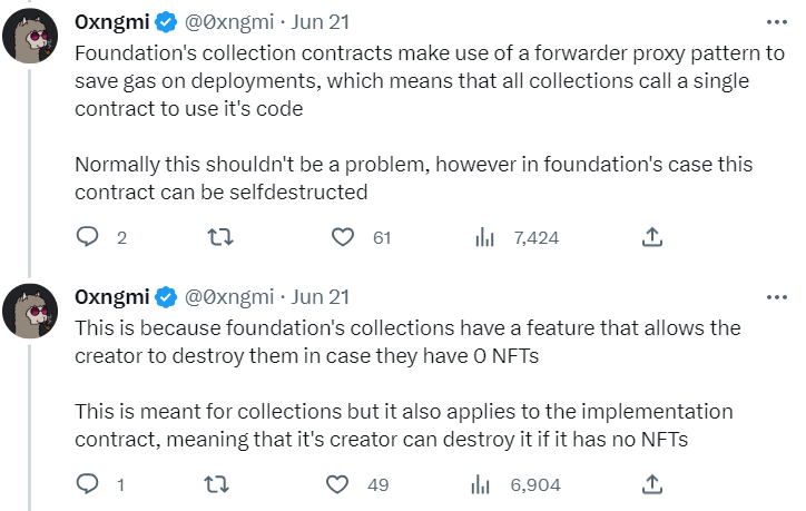 Twitter screenshot of a post regarding Foundation NFTs by 0xngmi