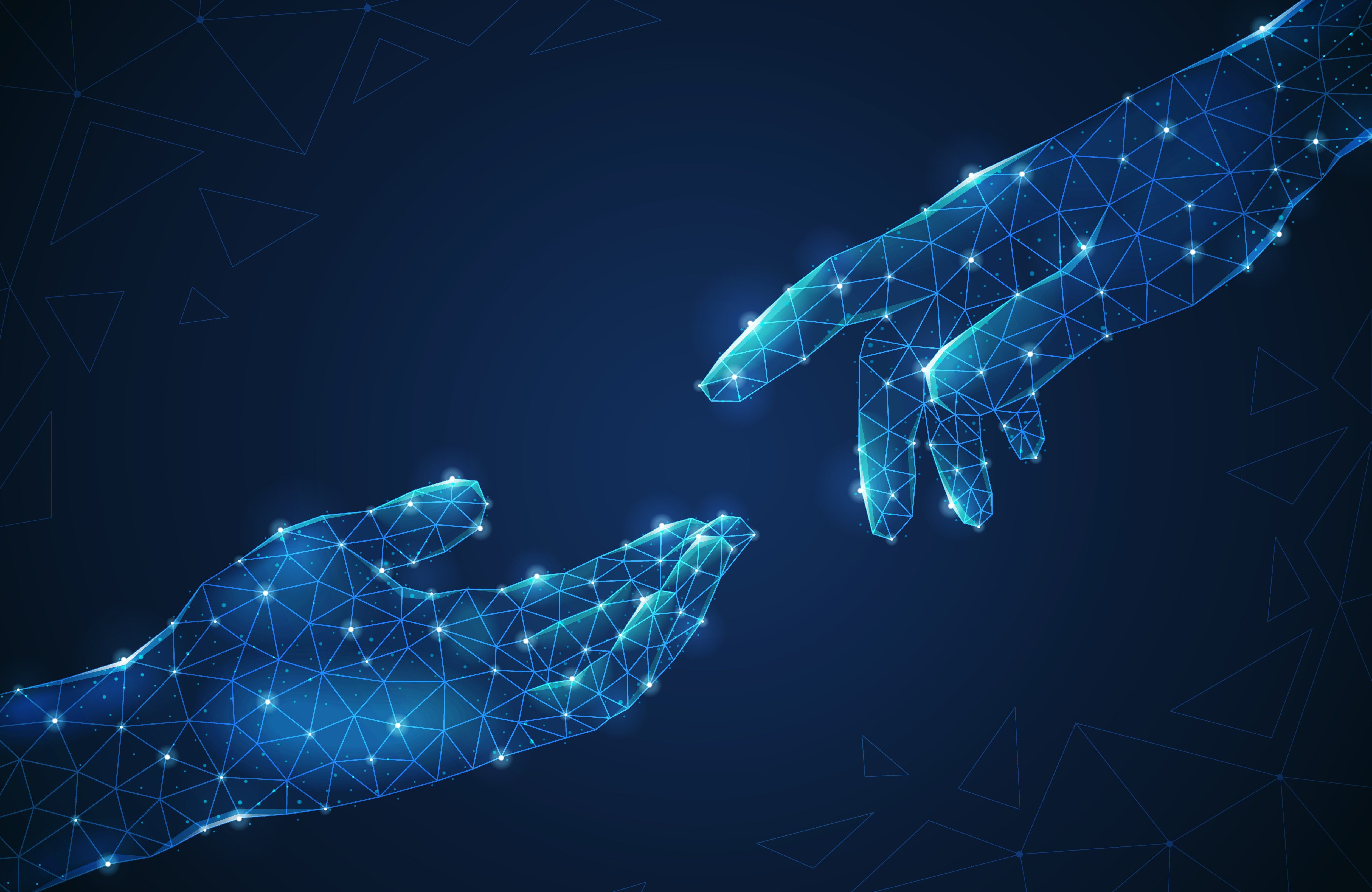 image of two digital hands almost touching each other representing the partnership between GameFi and Oasys